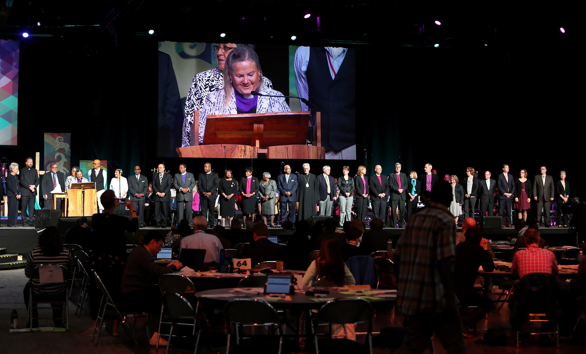 Ecumenical introductions are delivered by Bishop Mary Ann Swenson at the 2016 United Methodist General Conference in Portland, Ore. Photo by Kathleen Barry, UMNS