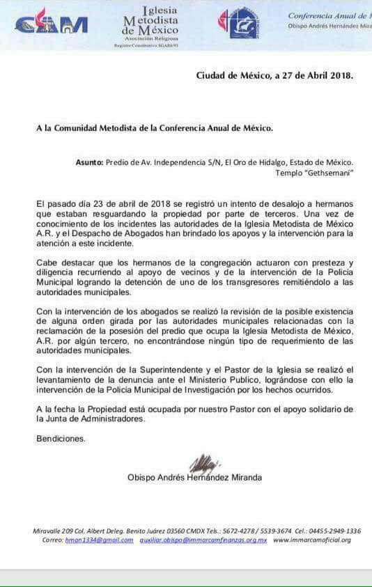 9. Sucesos en la IMMAR Getsemaní, El Oro, Edo. de México - carta